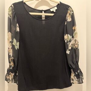 Umgee Black Top with Floral Sheer Sleeves